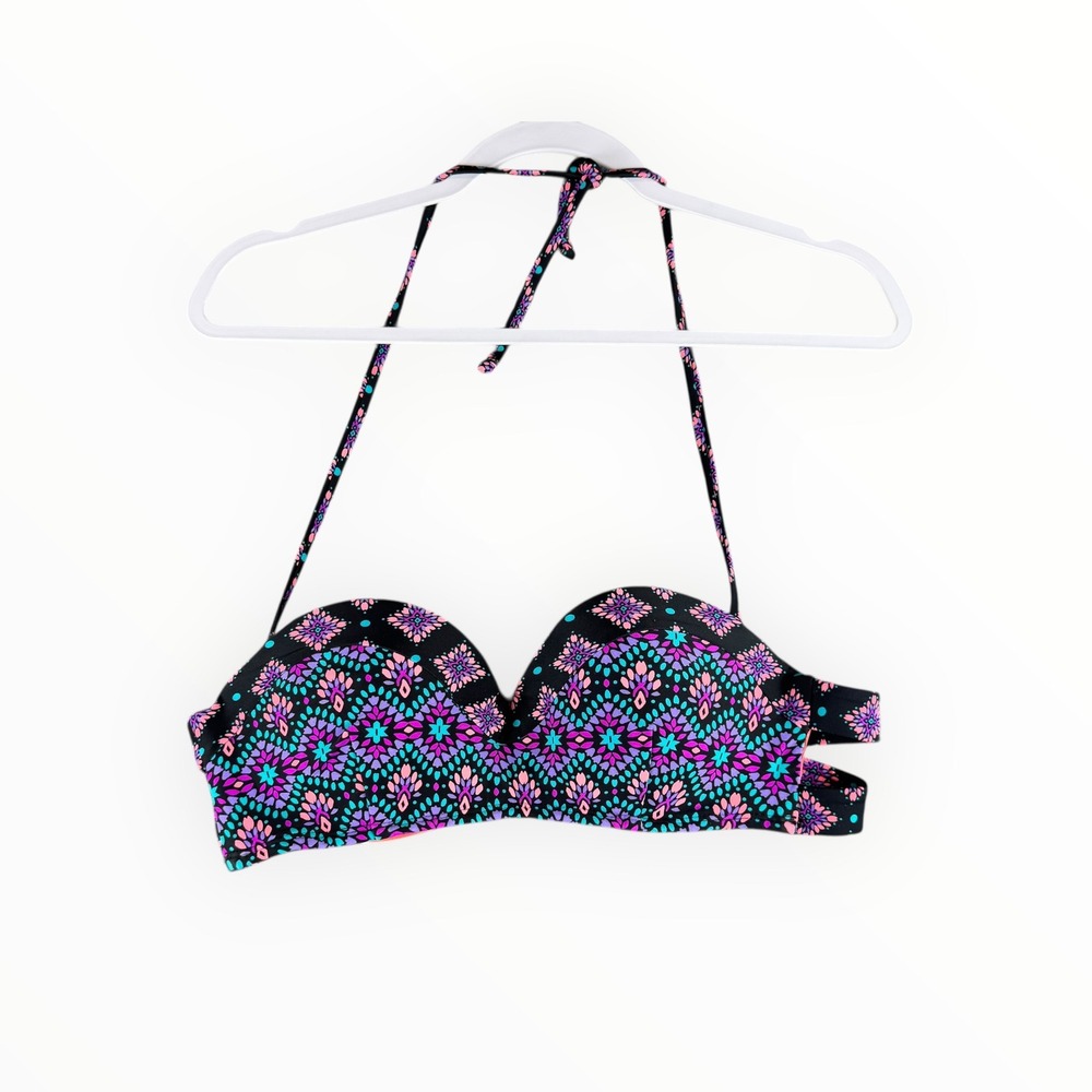 Geometric Kaleidoscope Underwire Halter Bikini Top Black Pink Purple Teal
